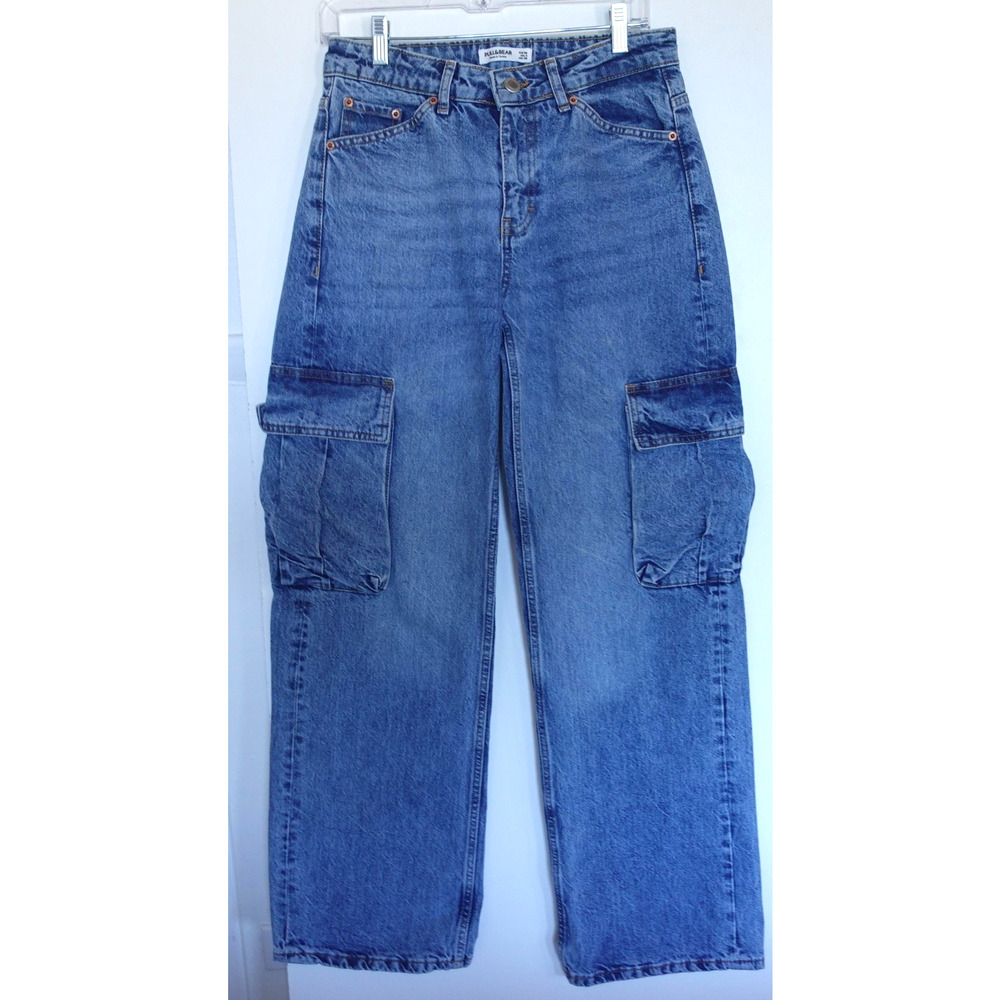 Pull&Bear Jeans‎ Womens 4 Blue Cargo Straight Leg Utility Side Pockets Denim